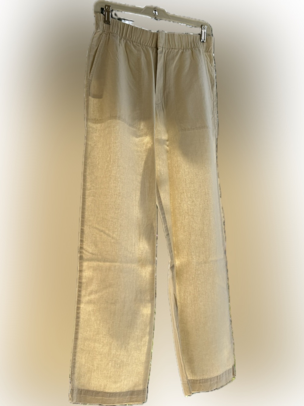 GAP LINEN BLEND Straight Leg CHINO PANTS Pockets Elastic TAN SAND S EUC 434554